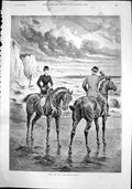 Old Print What Are Wild Waves Saying Man Lady Horseback Beach Cliffs 1892 19th