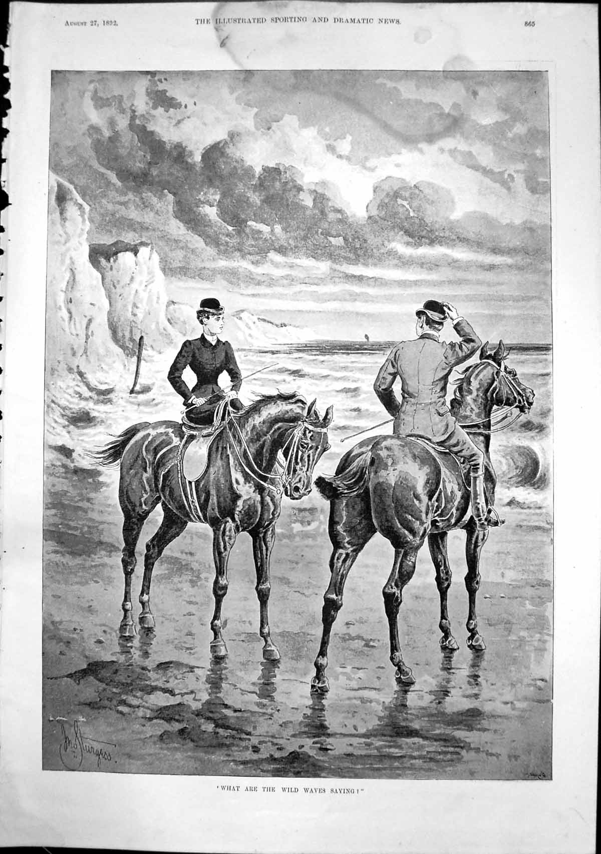 Old Print What Are Wild Waves Saying Man Lady Horseback Beach Cliffs 1892 19th
