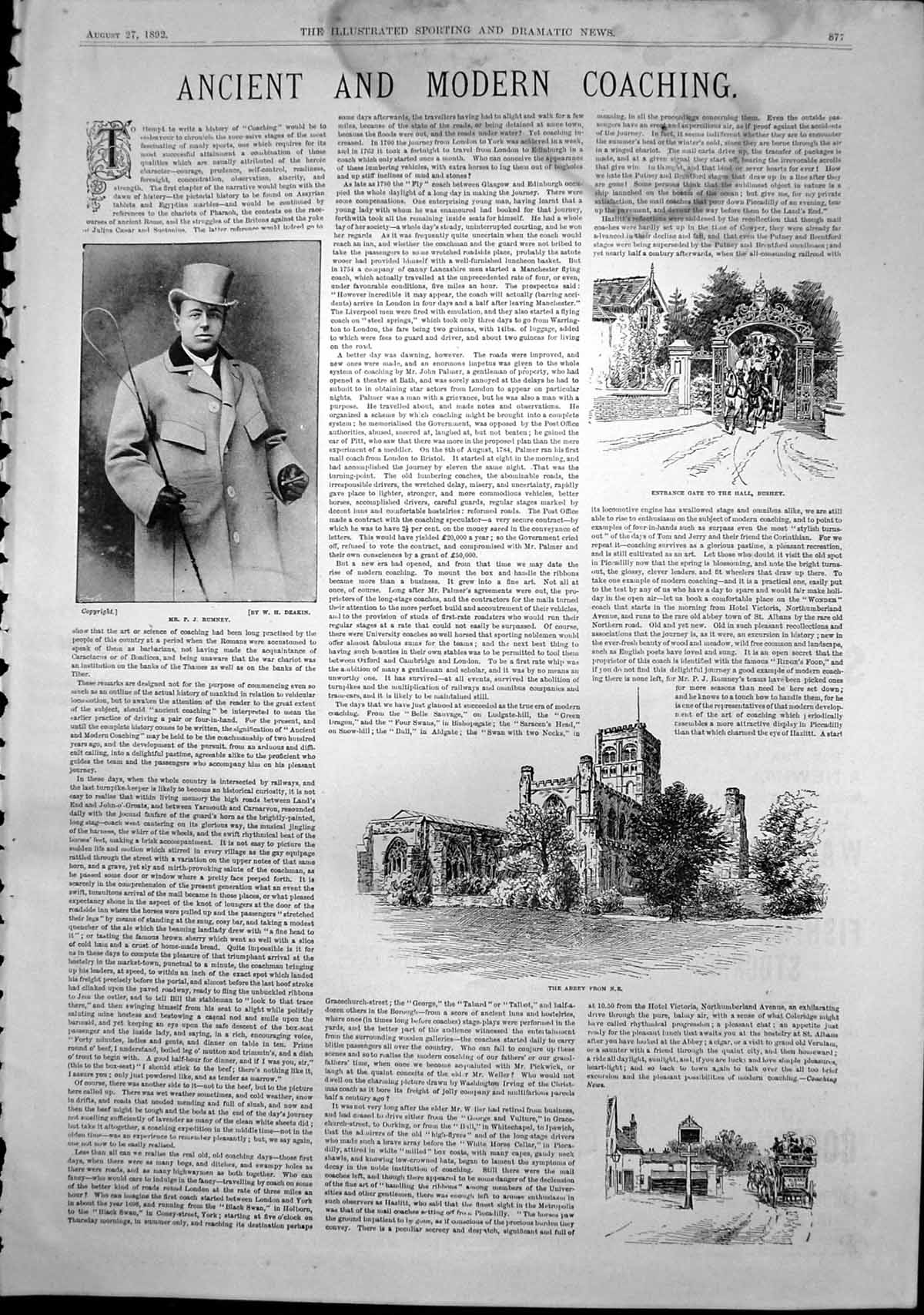 Antique Old Print Ancient Modern Coaching Abbey Hall Bushey Mr P Rumney 1892