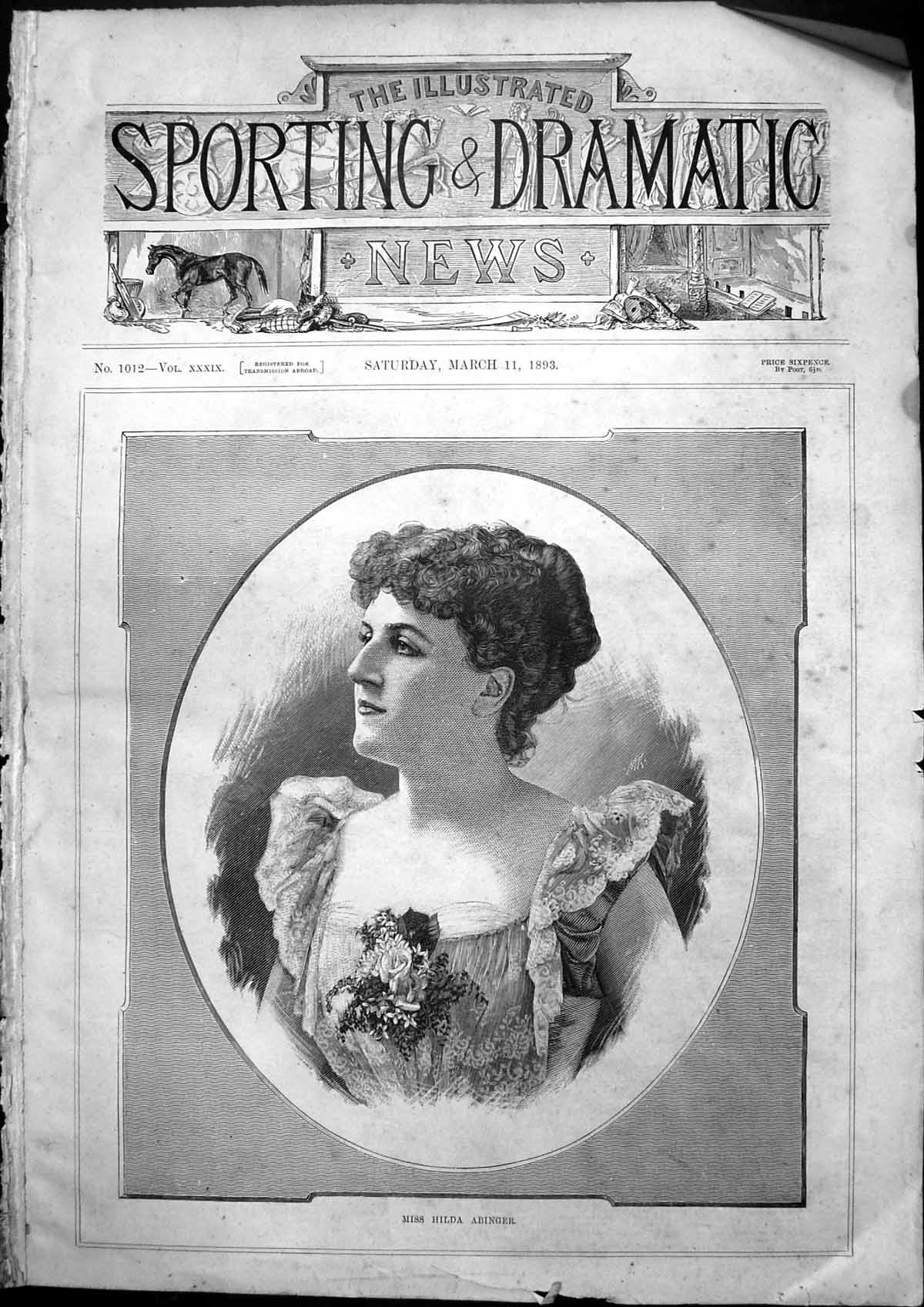 Old Antique Print Portrait Miss Hilda Abinger Young Woman Curly Hair 1893 19th
