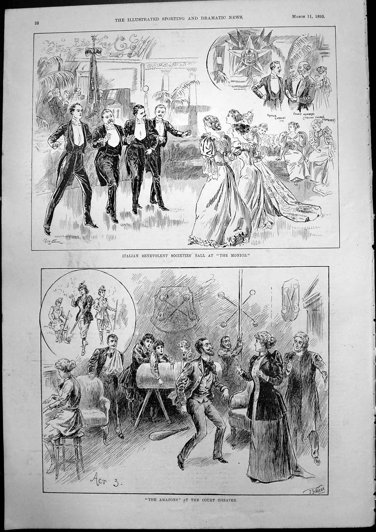 Antique Old Print Amazons Court Theatre Italian Benevolent Ball Monico 1893