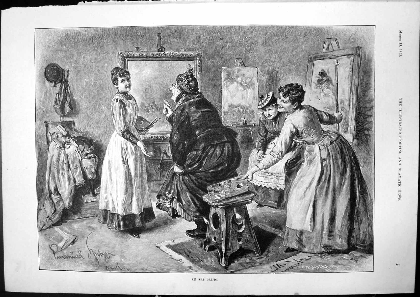 Original Old Antique Print An Art Critic Woman Stool Young Women Painting 1893