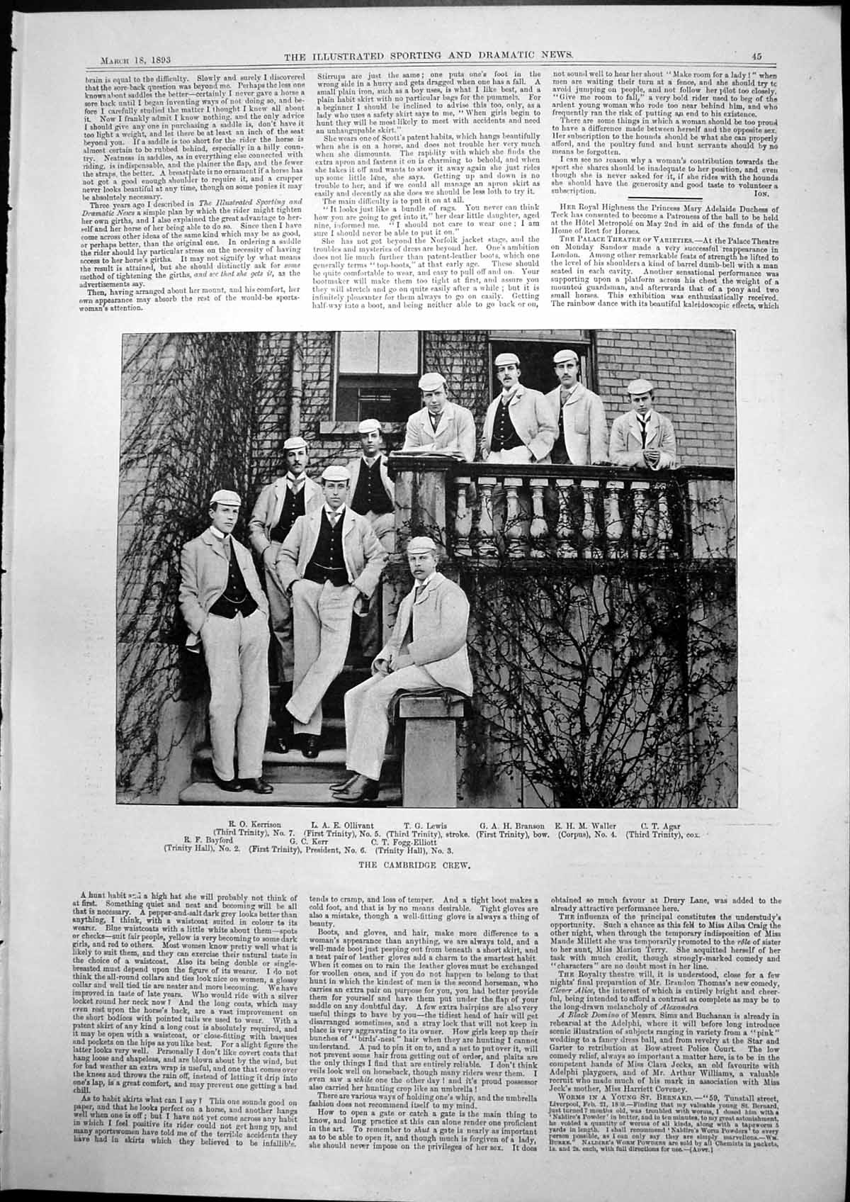 Old Cambridge Boat Crew C Agar Cox G Branson Bow T Lewis Stroke 1893 Victorian
