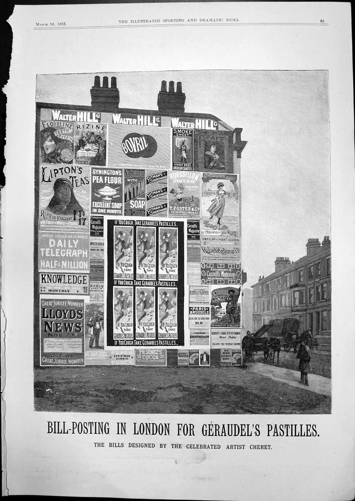 Antique Old Print Bill Posting London Geraudels Pastilles If You Cough 1893