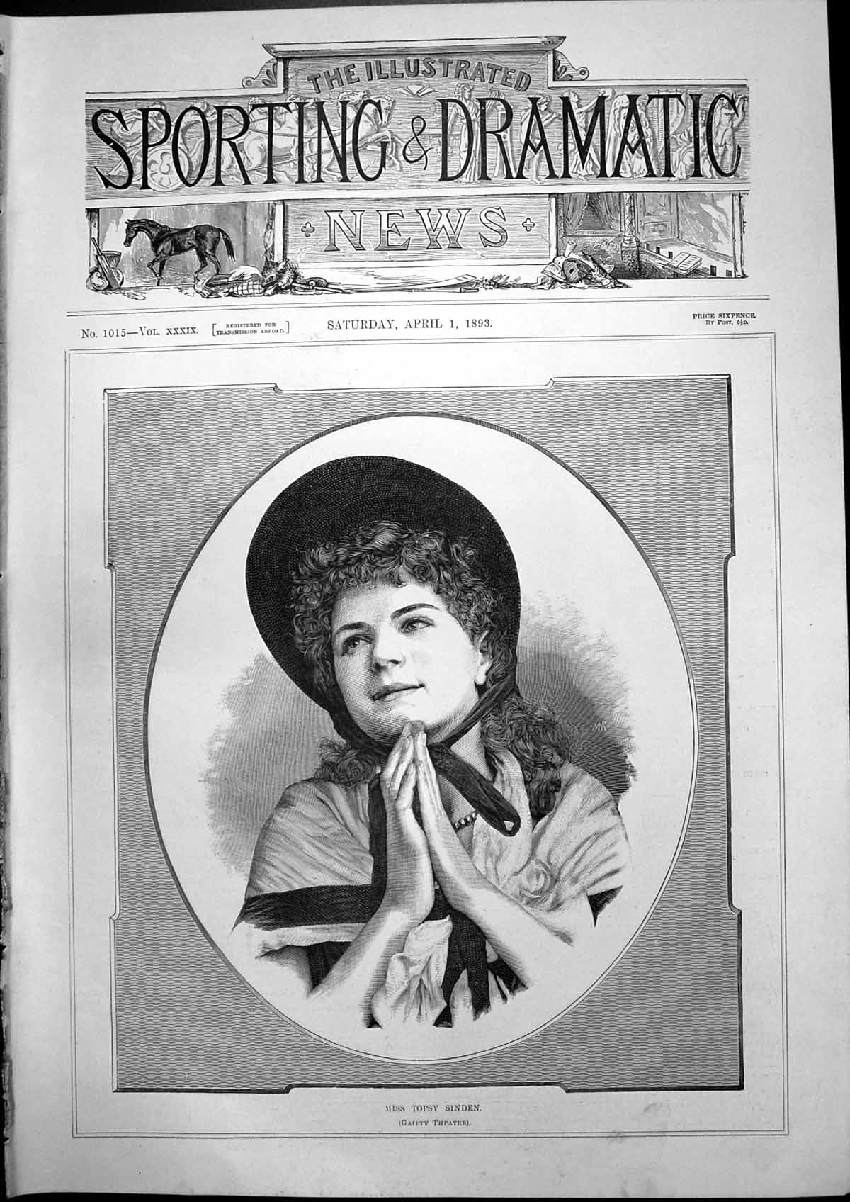 Old Print Portrait Miss Topsy Sinden Gaiety Theatre Young Woman Hat 1893 19th