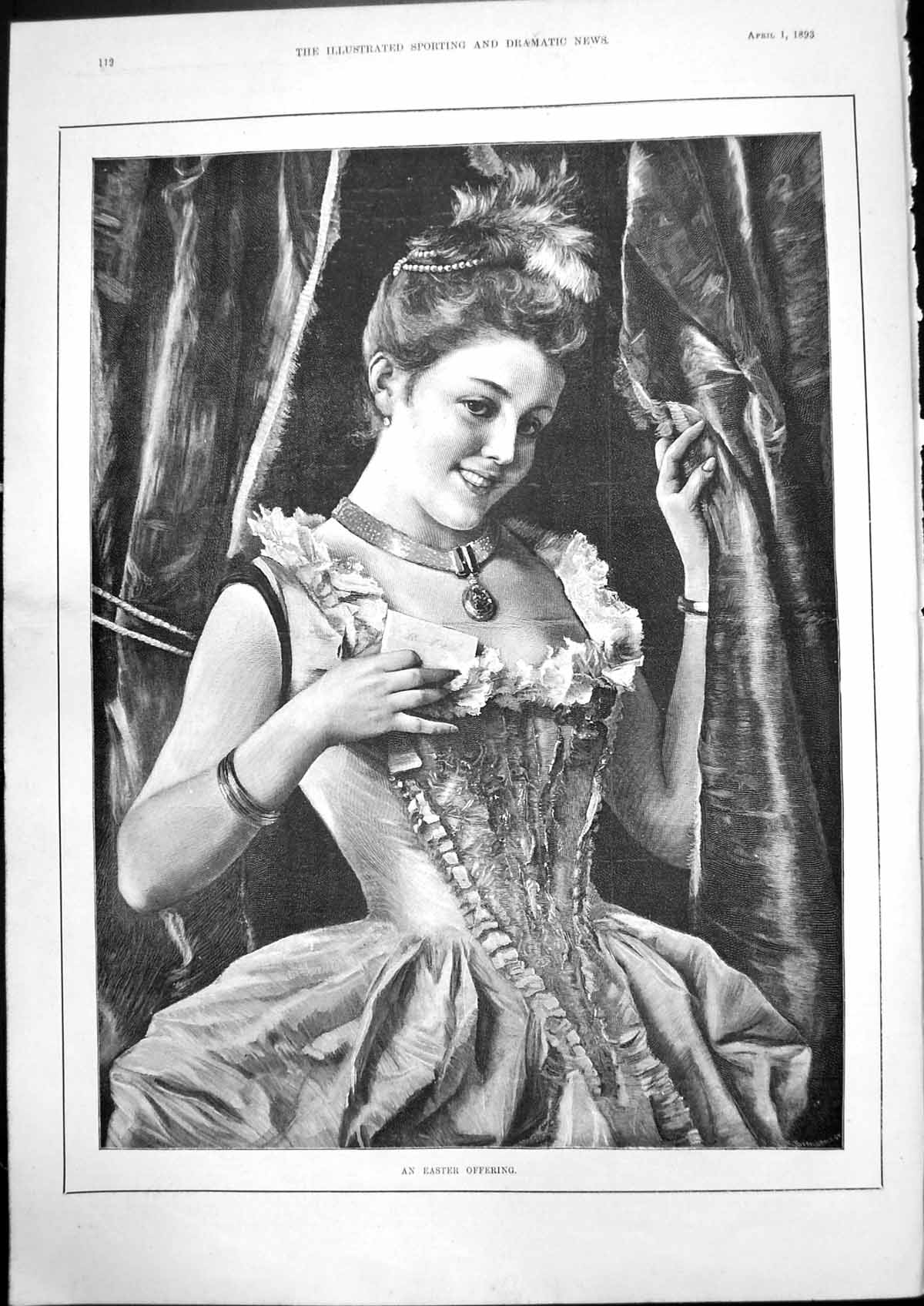 Original Old Antique Print Easter Offering Young Woman Curtain Hing Letter 1893