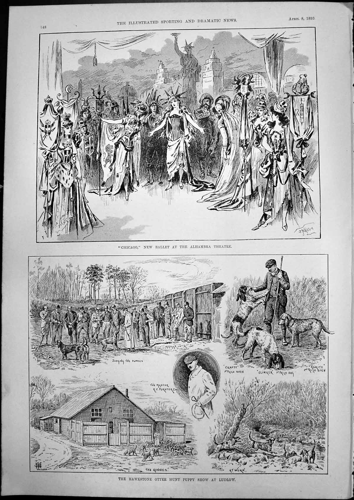 Antique Print Chicago Ballet Alhambra Hawkstone Otter Hunt Puppy Show 1893 19th