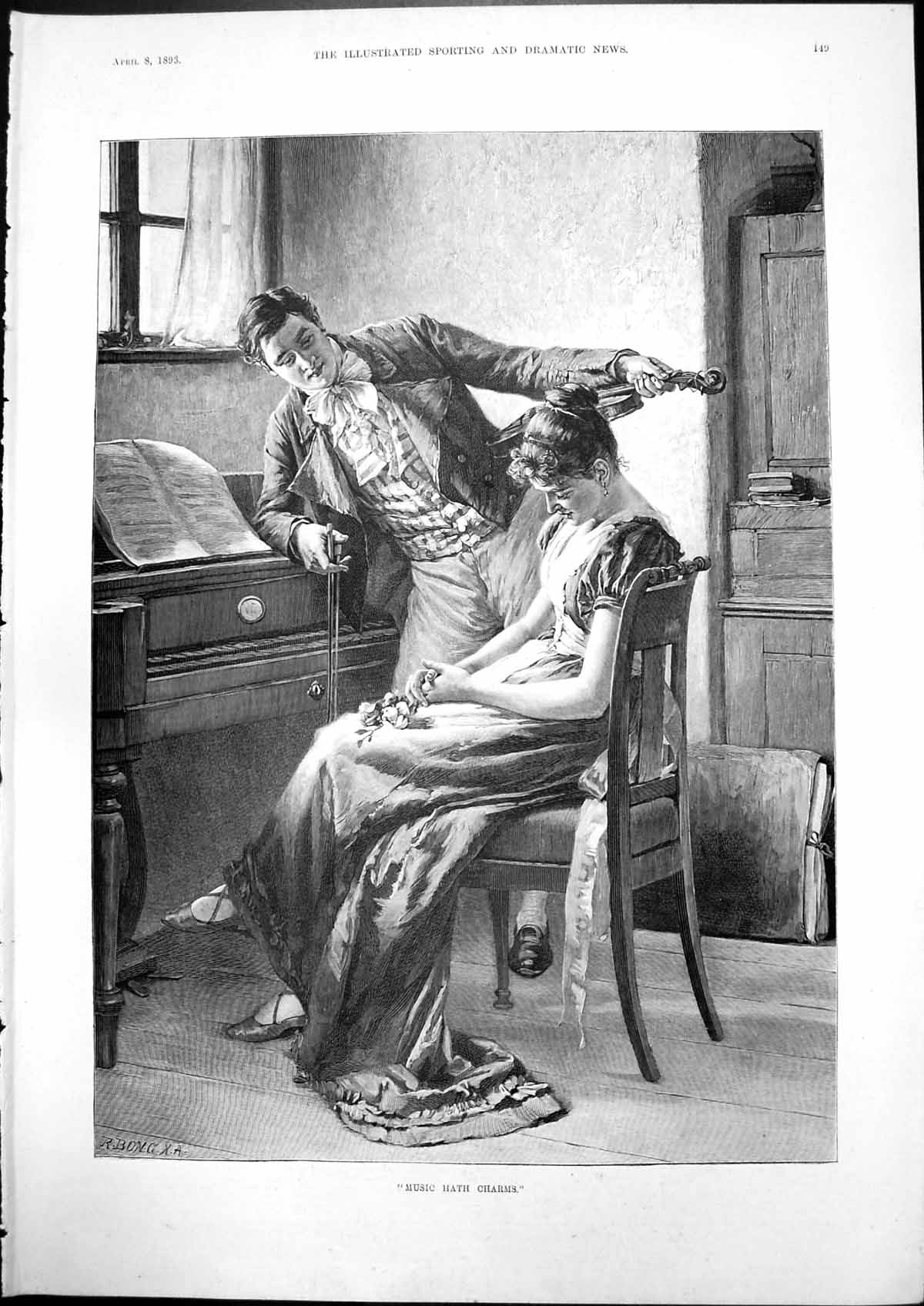 Old Antique Print Music Hath Charms Young Man Admiring Woman Piano 1893 19th