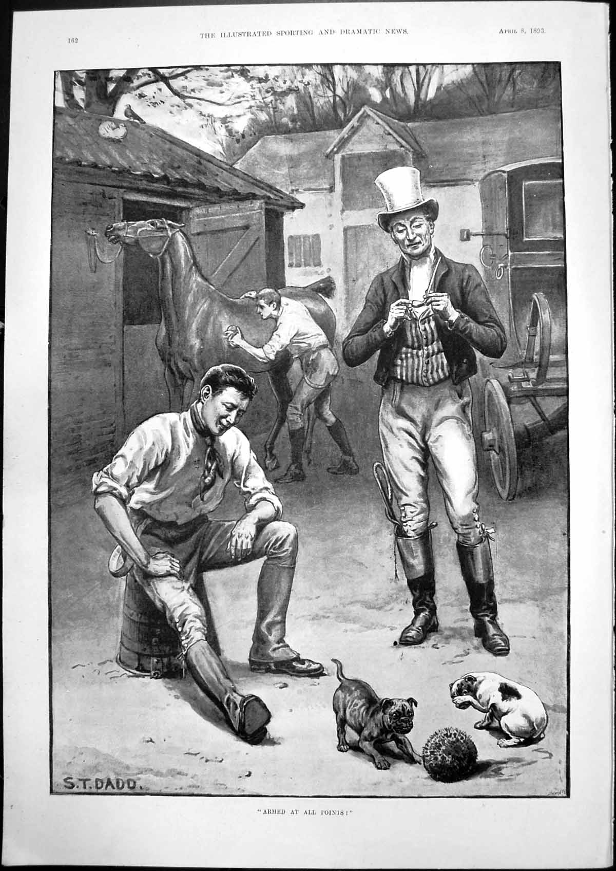 Old Print Armed At All Points St Dadd Stables Dogs Playing Hedgehog 1893 19th