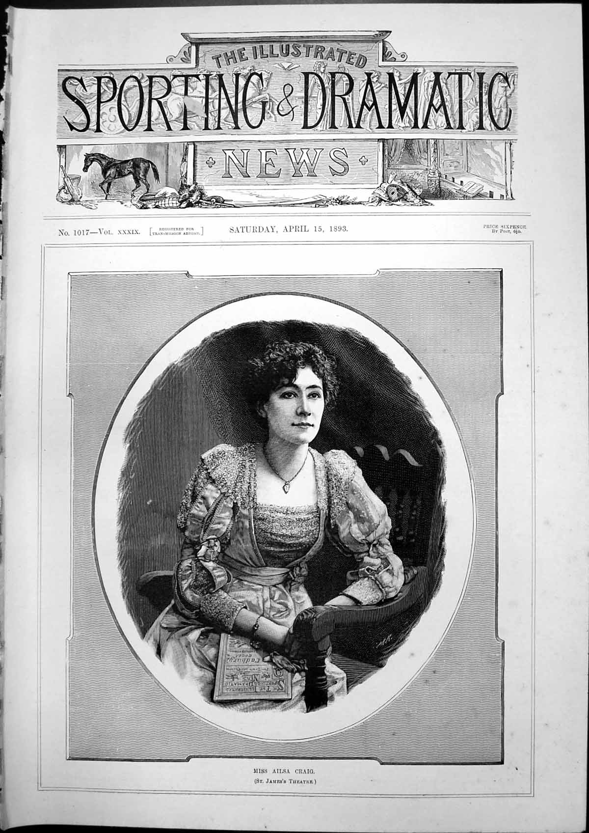 Old Print Miss Ailsa Craig St James Theatre Woman Reading Newspaper 1893 19th