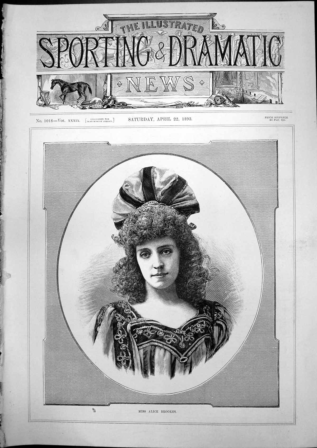 Antique Old Print Portrait Miss Alice Brookes Young Woman Curly Hair Hat 1893
