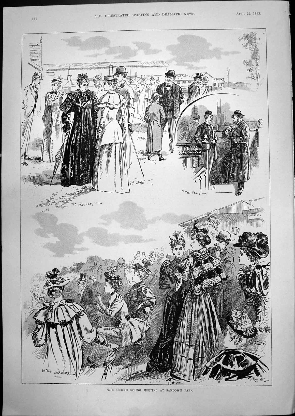 Antique Old Print Second Spring Meeting Sandown Park Paddock Enclosure 1893