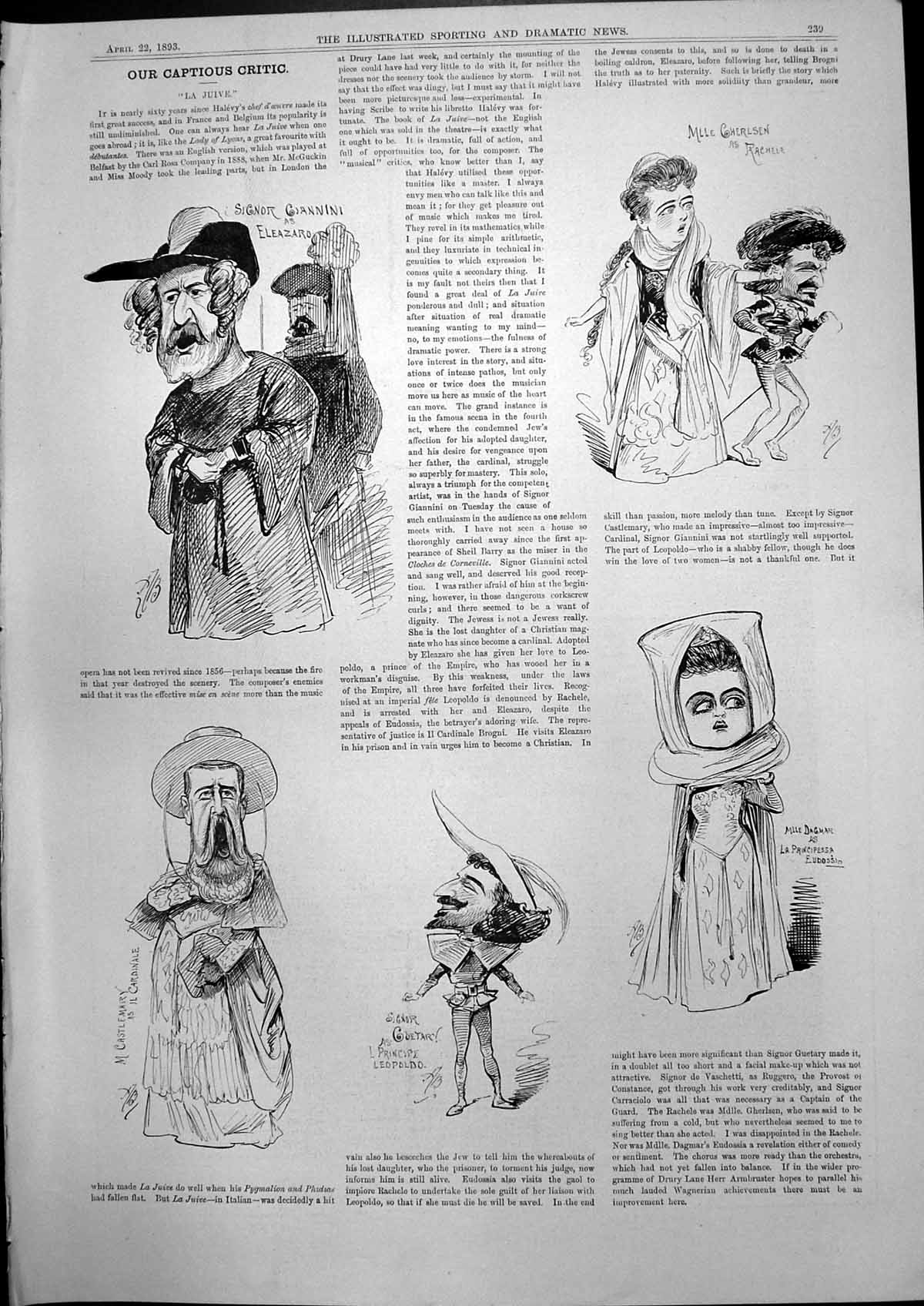 Old Captious Critic La Juive Mlle Cherlsen Rachele Il Cardinale 1893 Victorian