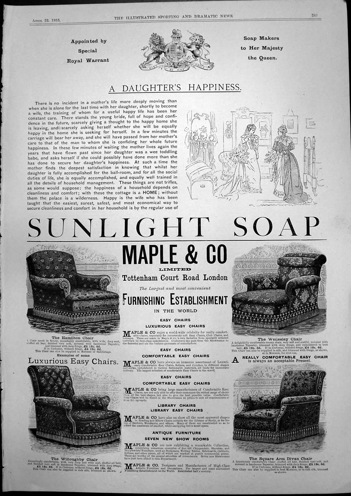 Antique Print Sunlight Soap Makers Queen Maple & Co Furnishing Chairs 1893 19th