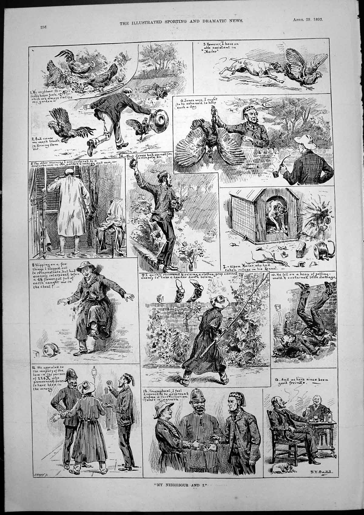 Antique Old Print My Neighbour And I St Dadd Escapades Jones Fowls Dog 1893
