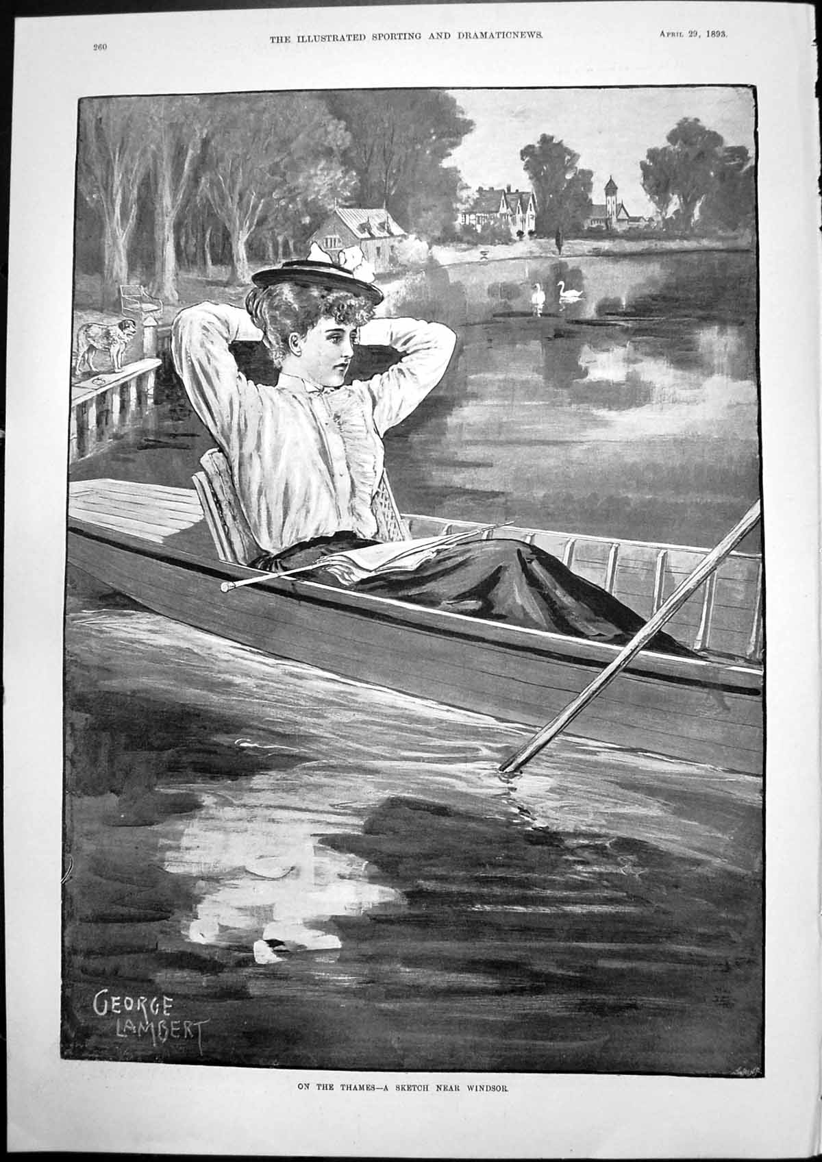 Original Old Antique Print On Thames Sketch Near Windsor Young Woman Boat 1893