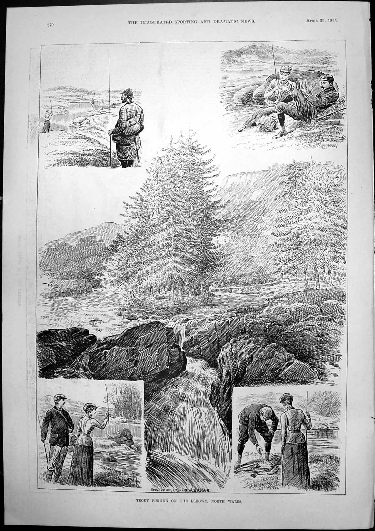 Old Print Trout Fishing Llugwy N Wales Woman No Importance Haymarket 1893 19th