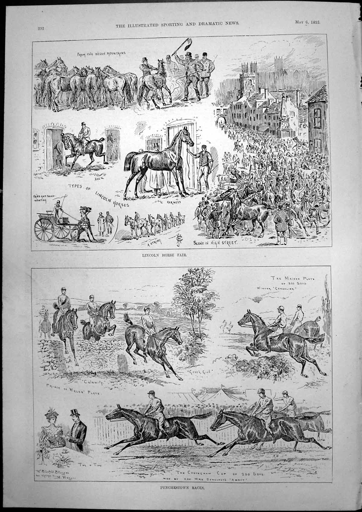 Old Antique Print Lincoln Horse Fair Punchestown Races Conyngham Cup 1893 19th