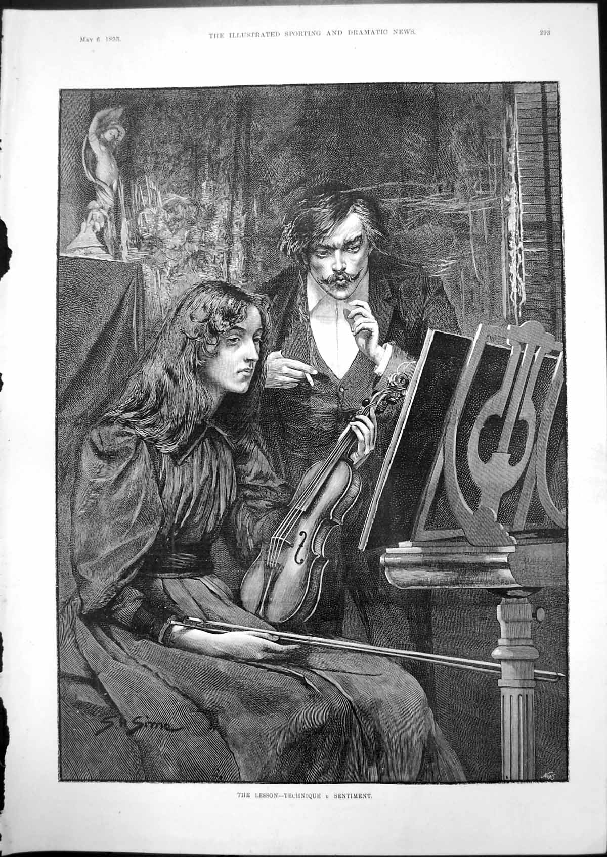 Antique Print Lesson Technique Sentiment Young Woman Violin Music Man 1893 19th
