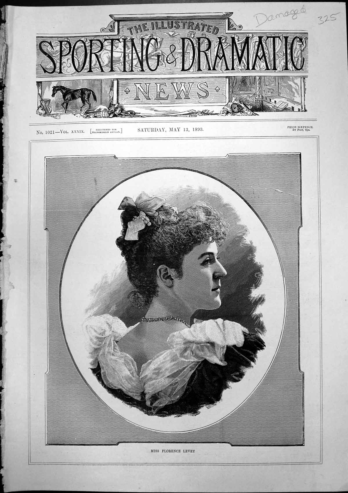 Old Antique Print Miss Florence Levey Portrait Young Woman 1893 Damaged 19th