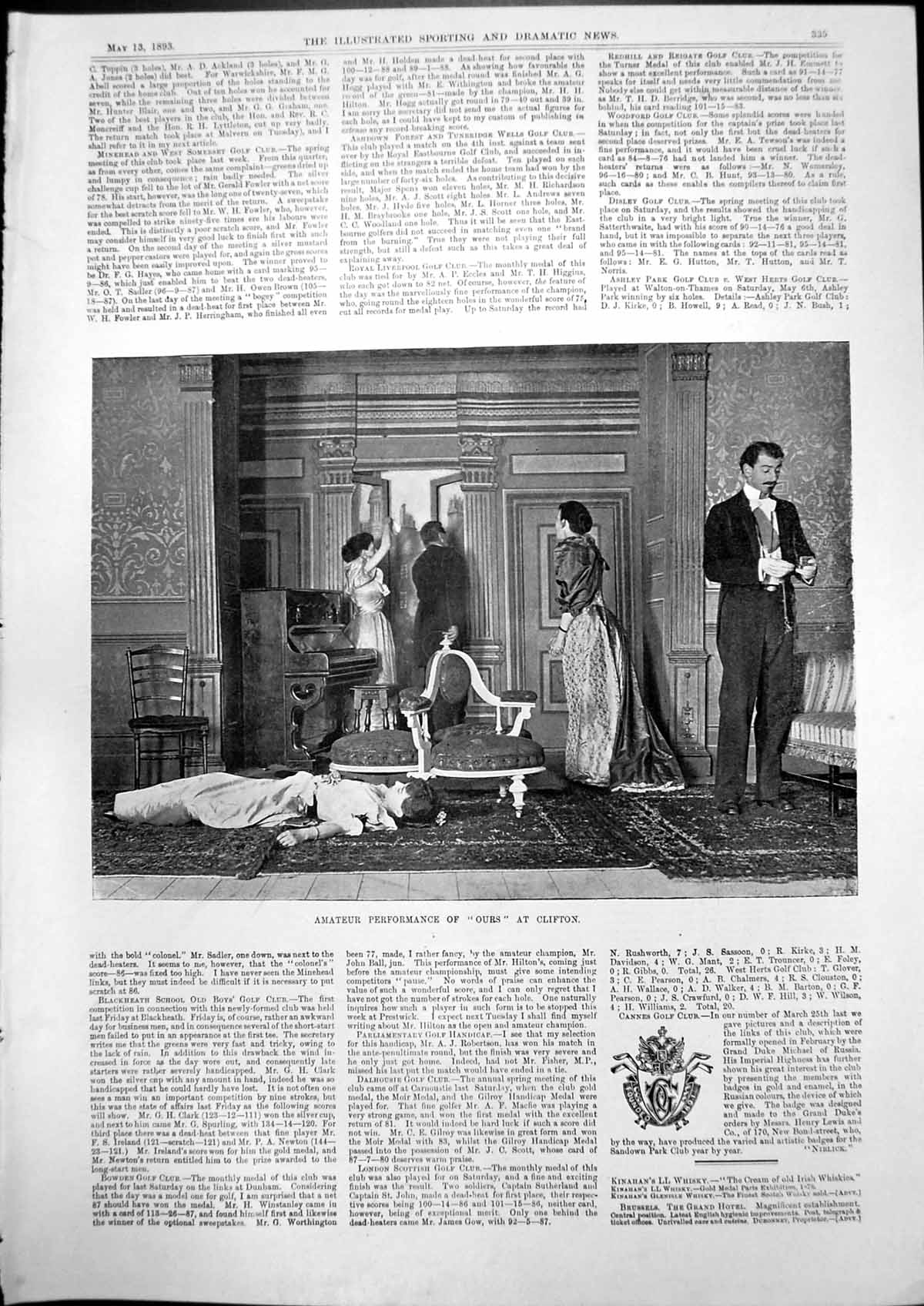 Old Print Amateur Performance Ours Clifton Bath Road Thames Colnbrook1893 19th