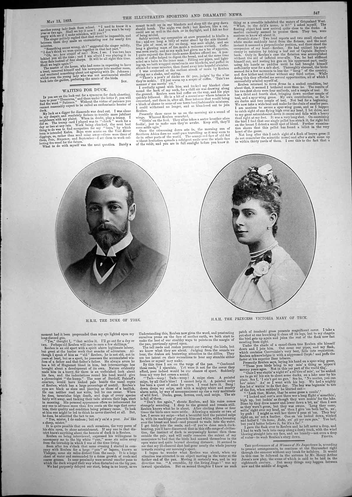 Original Old Antique Print Hrh Duke York Hsh Princess Victoria Mary Teck 1893