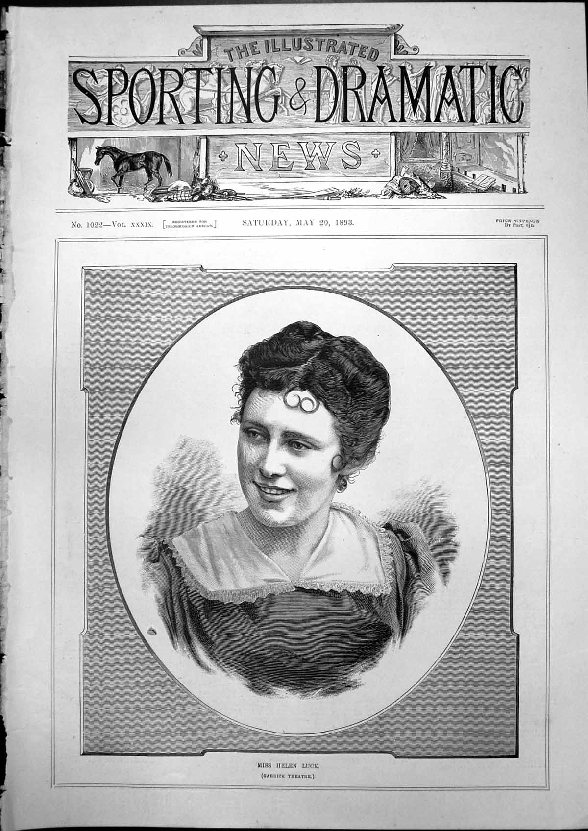 Original Old Antique Print Miss Helen Luck Garrick Theatre Young Woman 1893