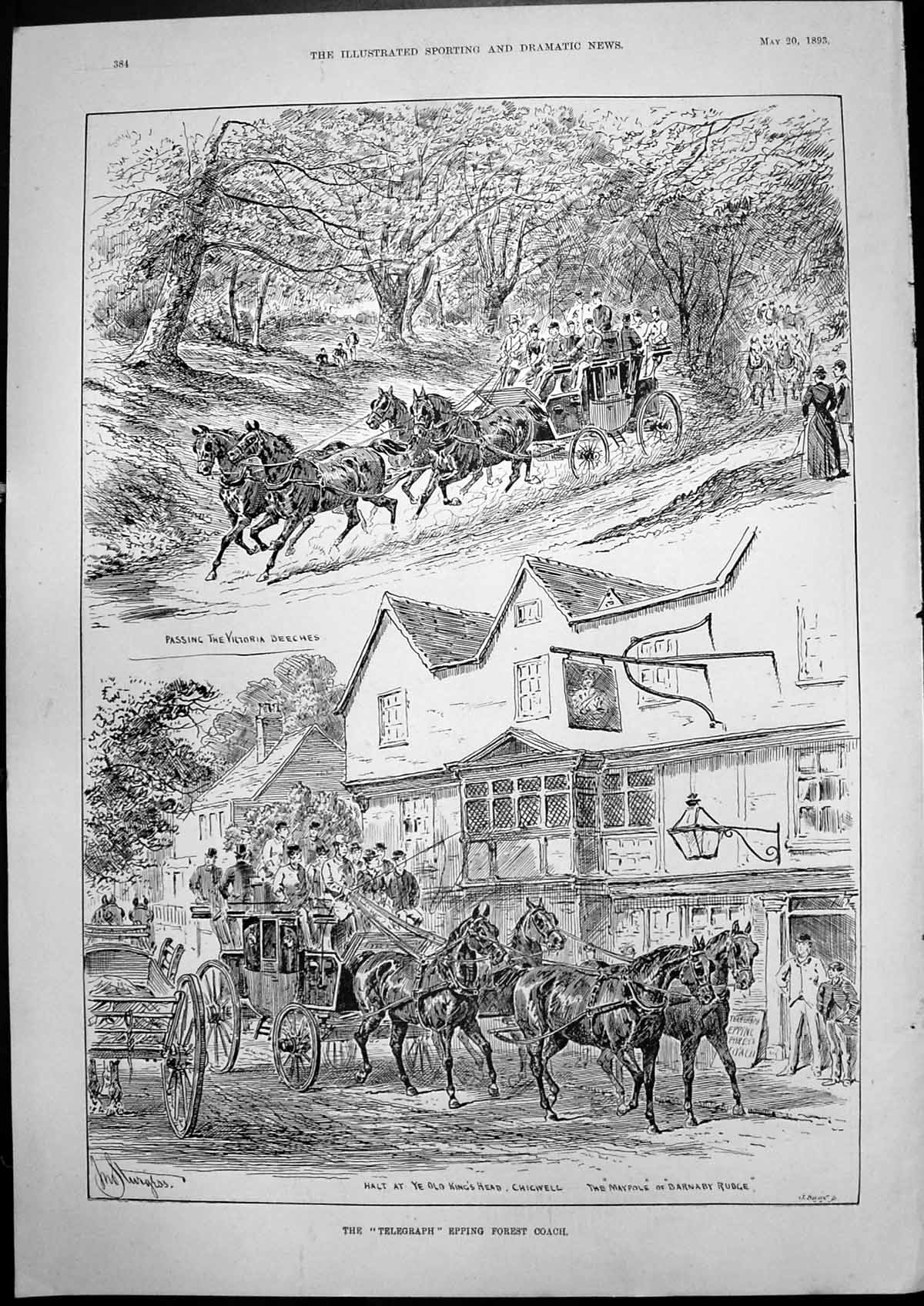 Antique Old Print Telegraph Epping Forest Coach American Yacht Navahoe 1893