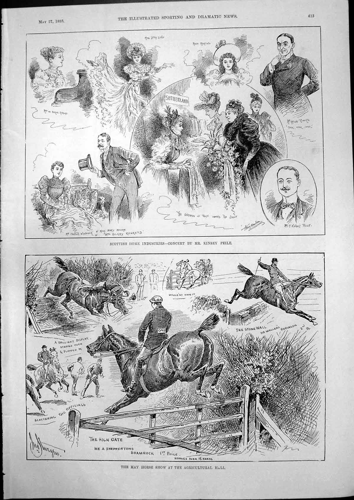 Antique Old Print May Horse Show Agricultural Hall Concert Kinsey Peile 1893
