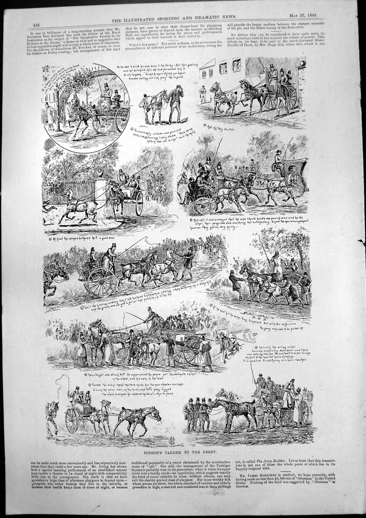 Old Print Podsoms Tandem To Derby Wife Hing Pair Reins Never Reached 189 19th