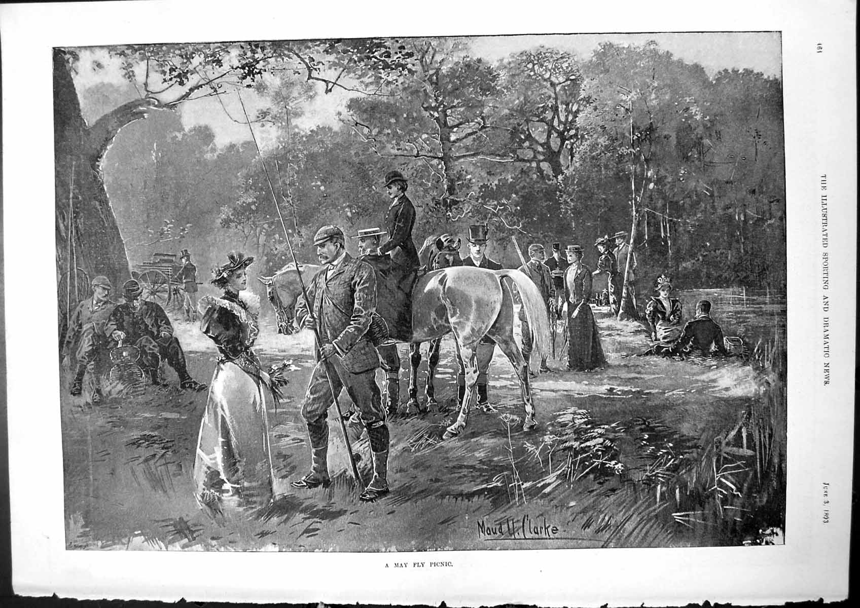 Antique Old Print May Fly Picnic Maud Clarke Resting Woods Horses Hamper 1893