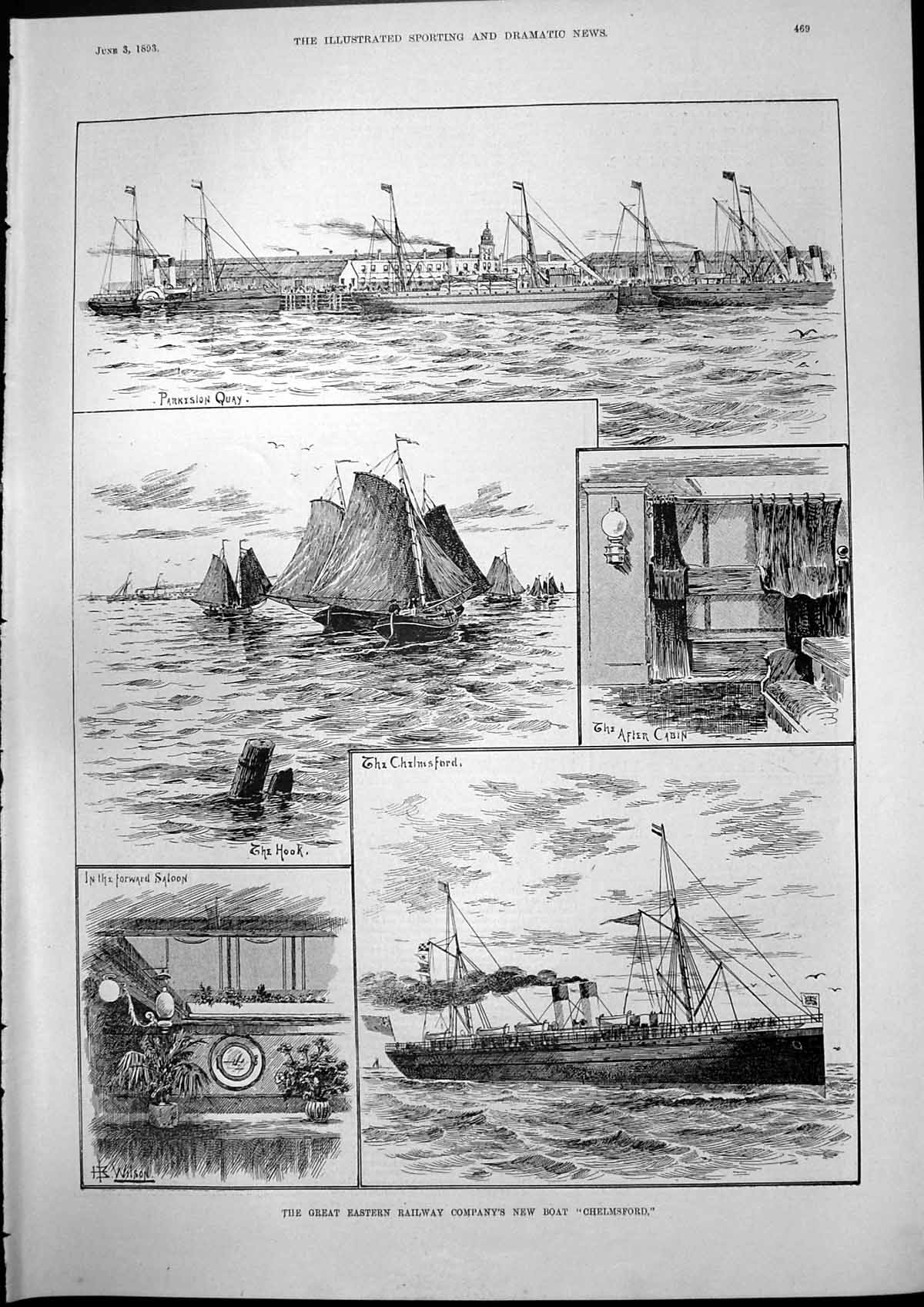 Old Antique Print Great Eastern Railway Companys New Boat Chelmsford 1893 19th