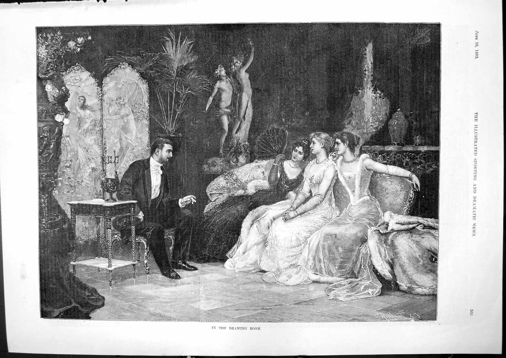Antique Old Print In Drawing Room Gentleman Admiring Three Young Women 1893