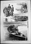 Old Print Eel Fishing By Night On Stour Displaying Catch Rowing Home 1893 19th