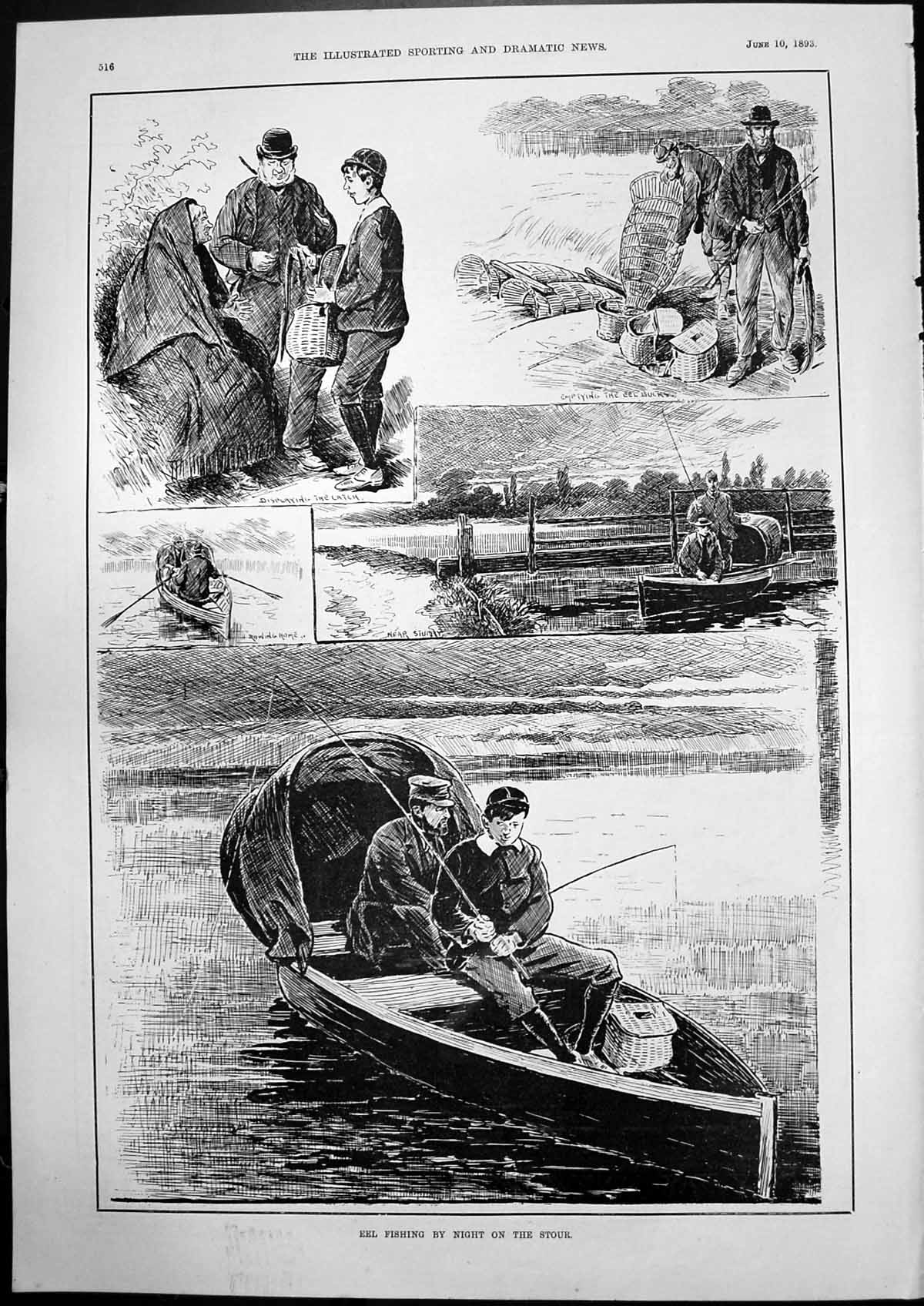 Old Print Eel Fishing By Night On Stour Displaying Catch Rowing Home 1893 19th
