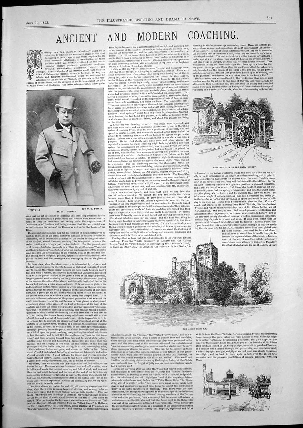 Antique Old Print Ancient Modern Coaching Pj Rumney Hall Bushey Abbey 1893 19th