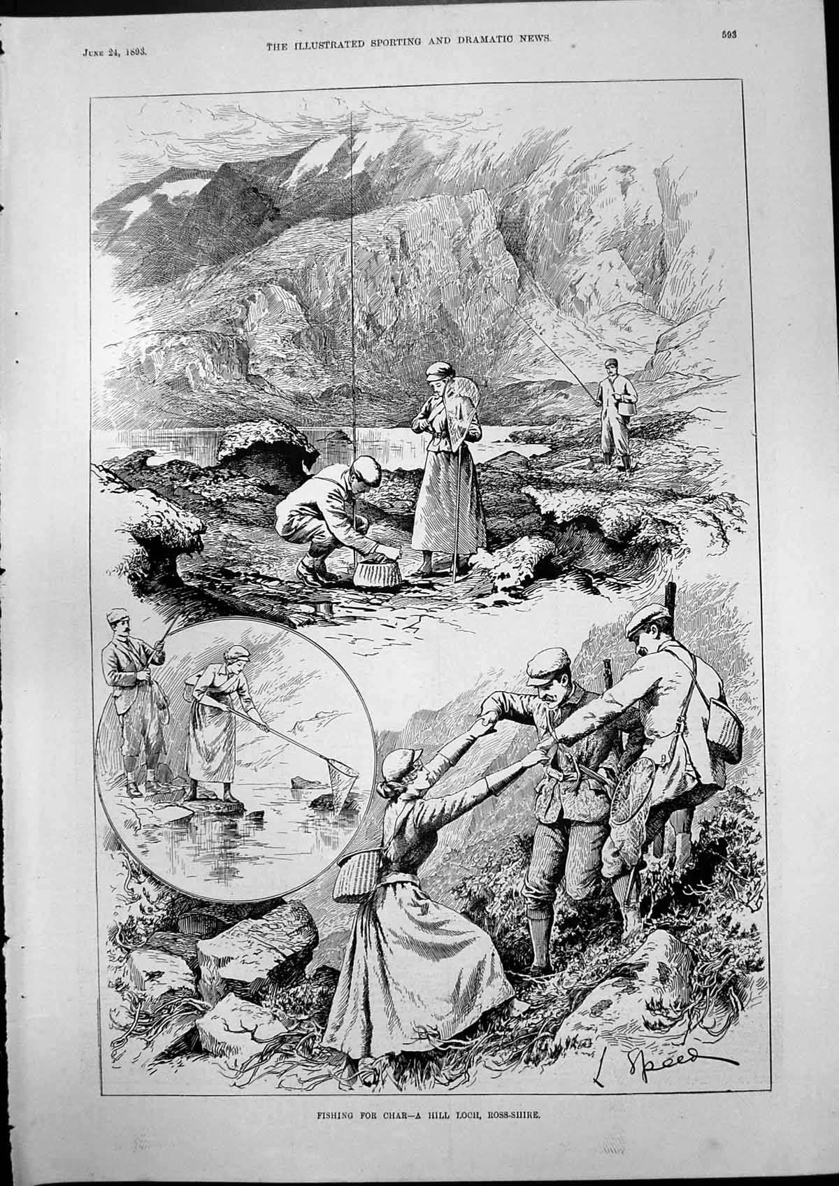 Antique Old Print Fishing For Char Hill Loch Ross Shire L Speed Net Lady 1893