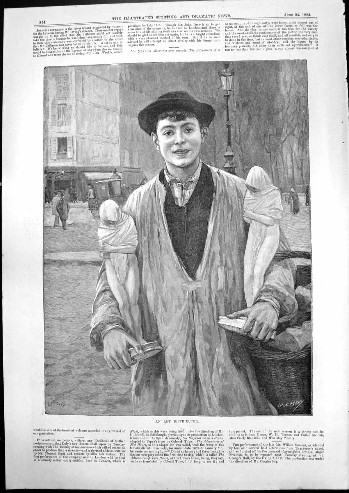 Original Old Antique Print An Art Distributor Young Man Basket Sculptures 1893