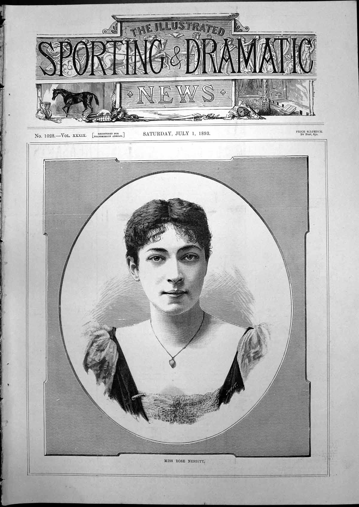 Old Antique Print Miss Rose Nesbitt Portrait Woman Short Dark Hair 1893 19th