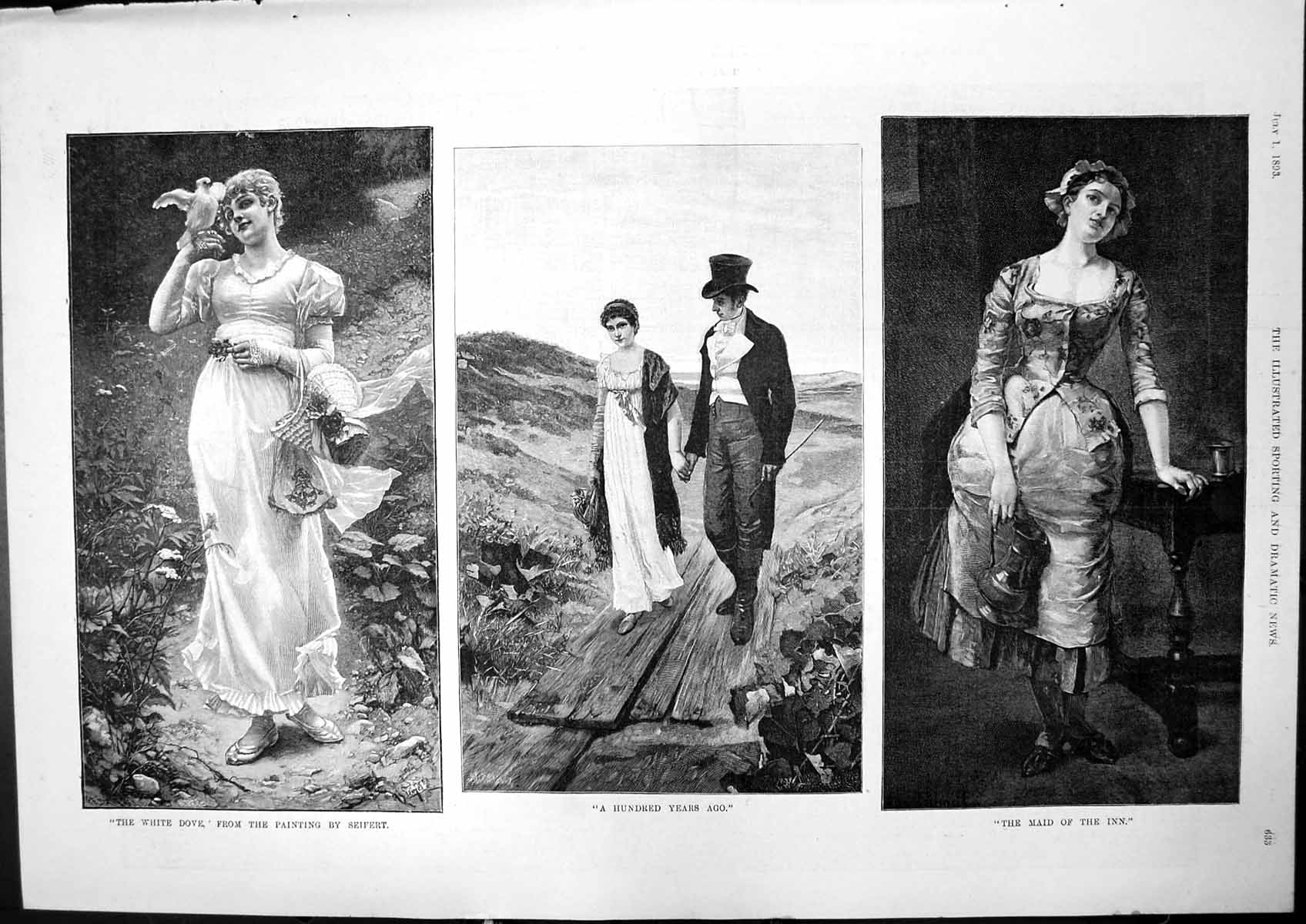Old Antique Print White Dove Seifert Hundred Years Ago Maid The Inn 1893 19th