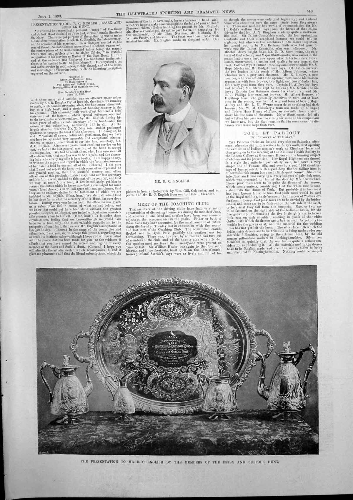 Antique Old Print Presentation Mr Rc English Members Essex Suffolk Hunt 1893