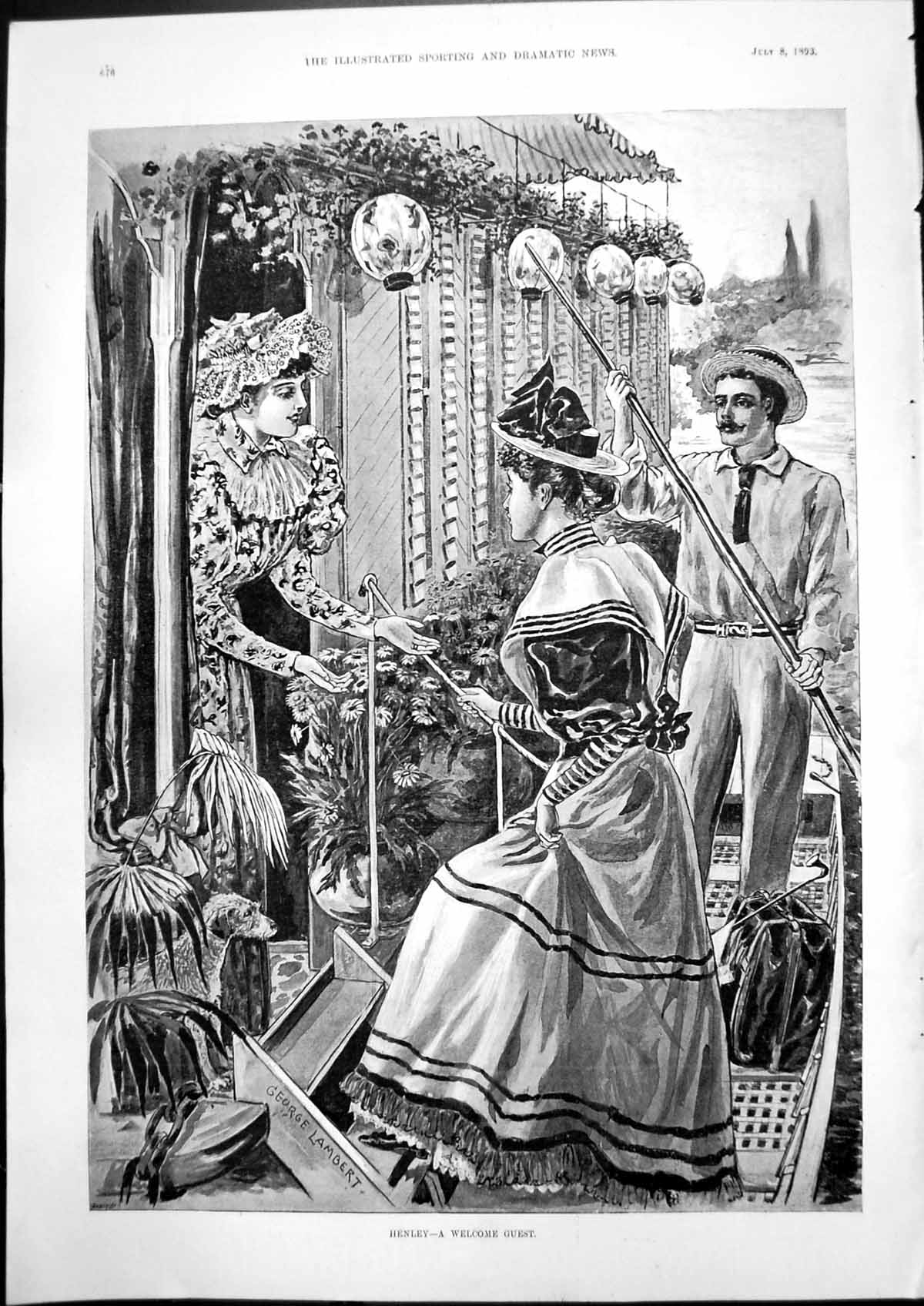 Antique Old Print Henley Welcome Guest George Lambert Lady Goes Ashore 1893