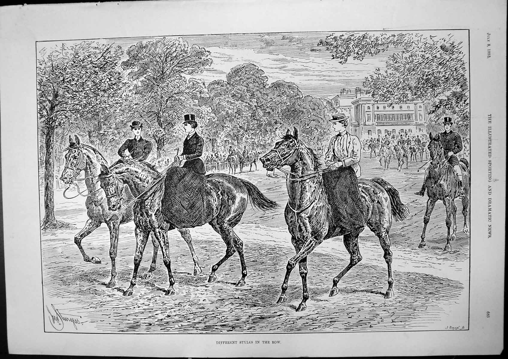 Old Print Different Styles In Row J Sturgess Three Riders Horseback 1893 19th