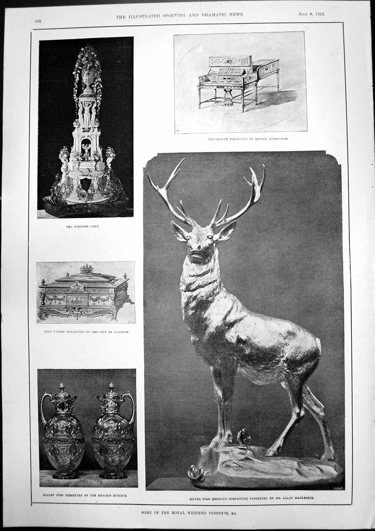 Antique Old Print Royal Wedding Presents Pianoforte GCasket Wedding Cake 1893
