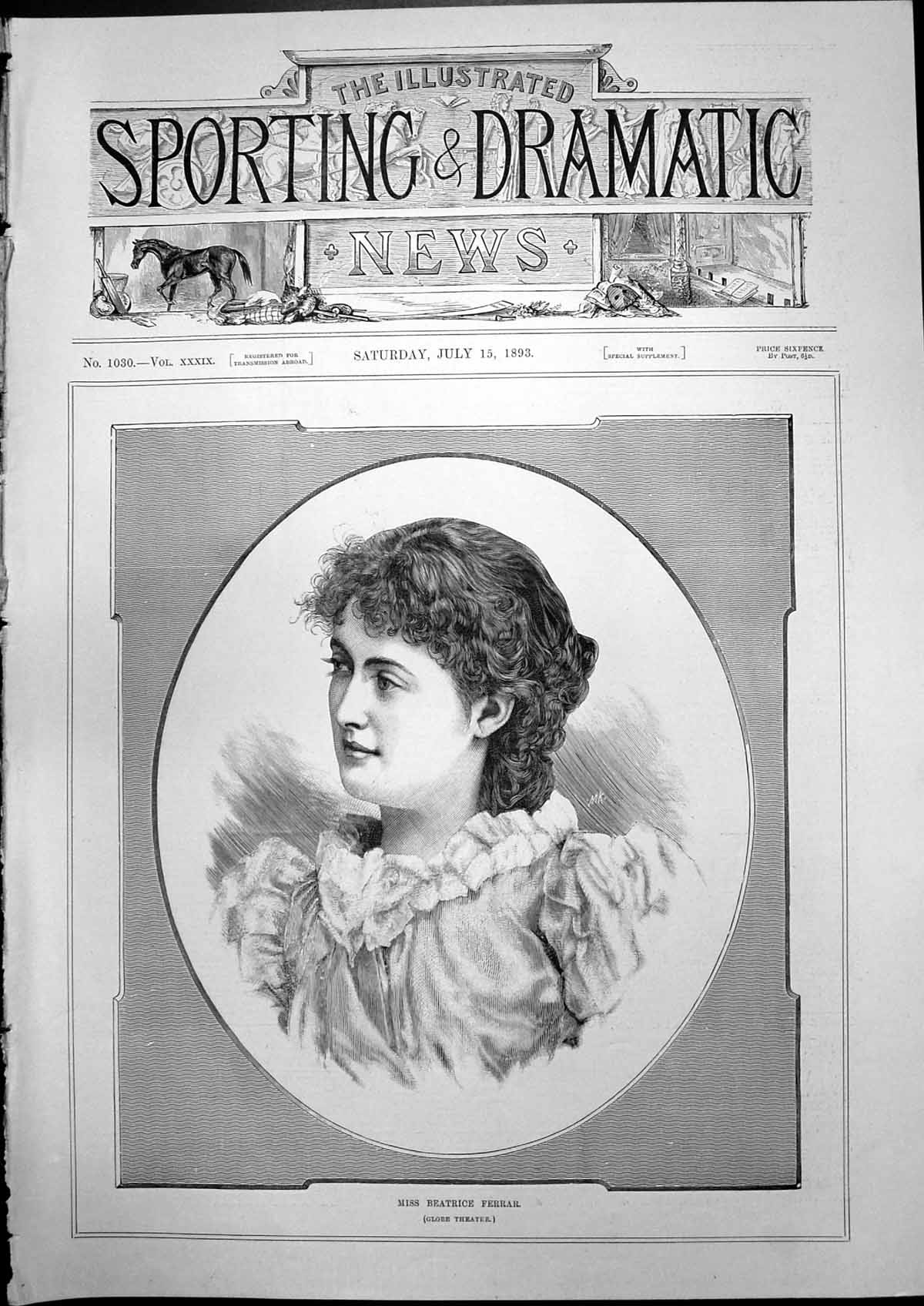Original Old Antique Print Miss Beatrice Ferrar Globe Theatre Young Woman 1893