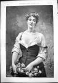 Old Print Roses J Ballavoine Young Woman Carrying Roses Garland Hair 1893 19th