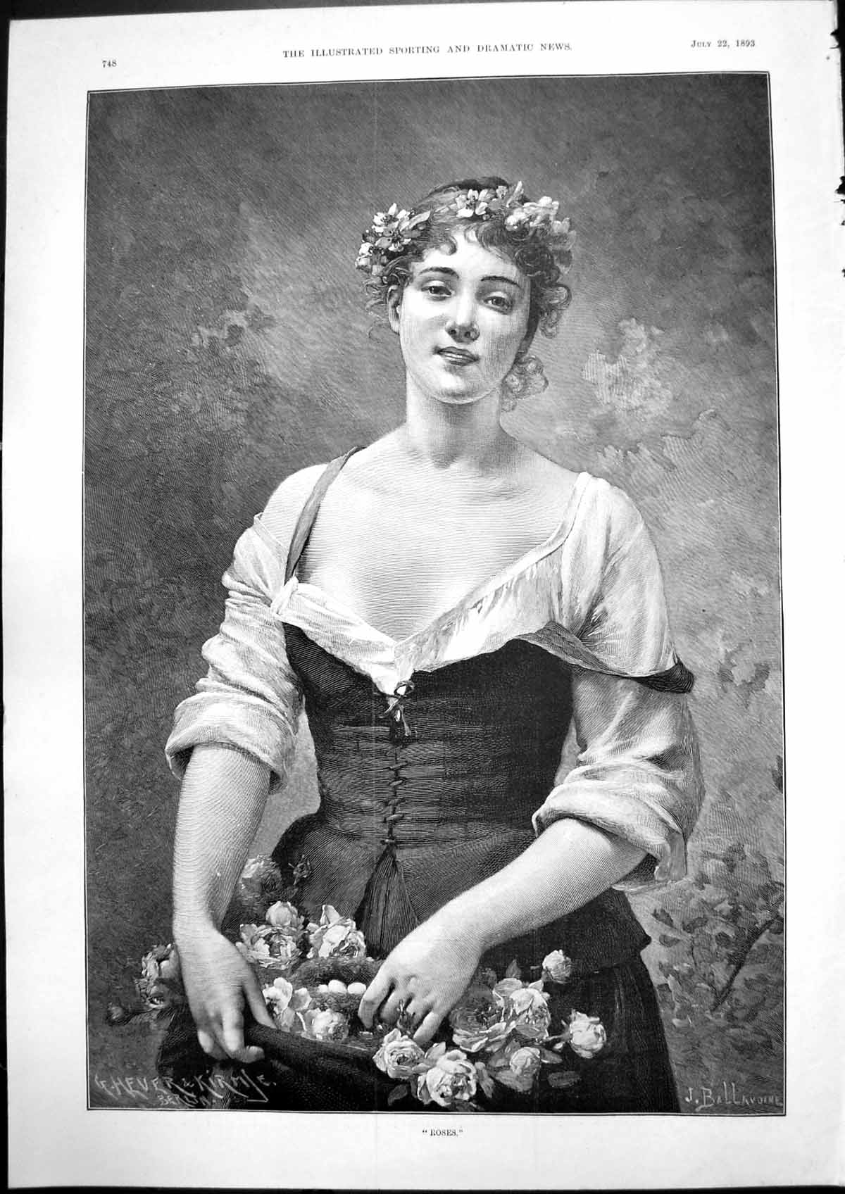 Old Print Roses J Ballavoine Young Woman Carrying Roses Garland Hair 1893 19th