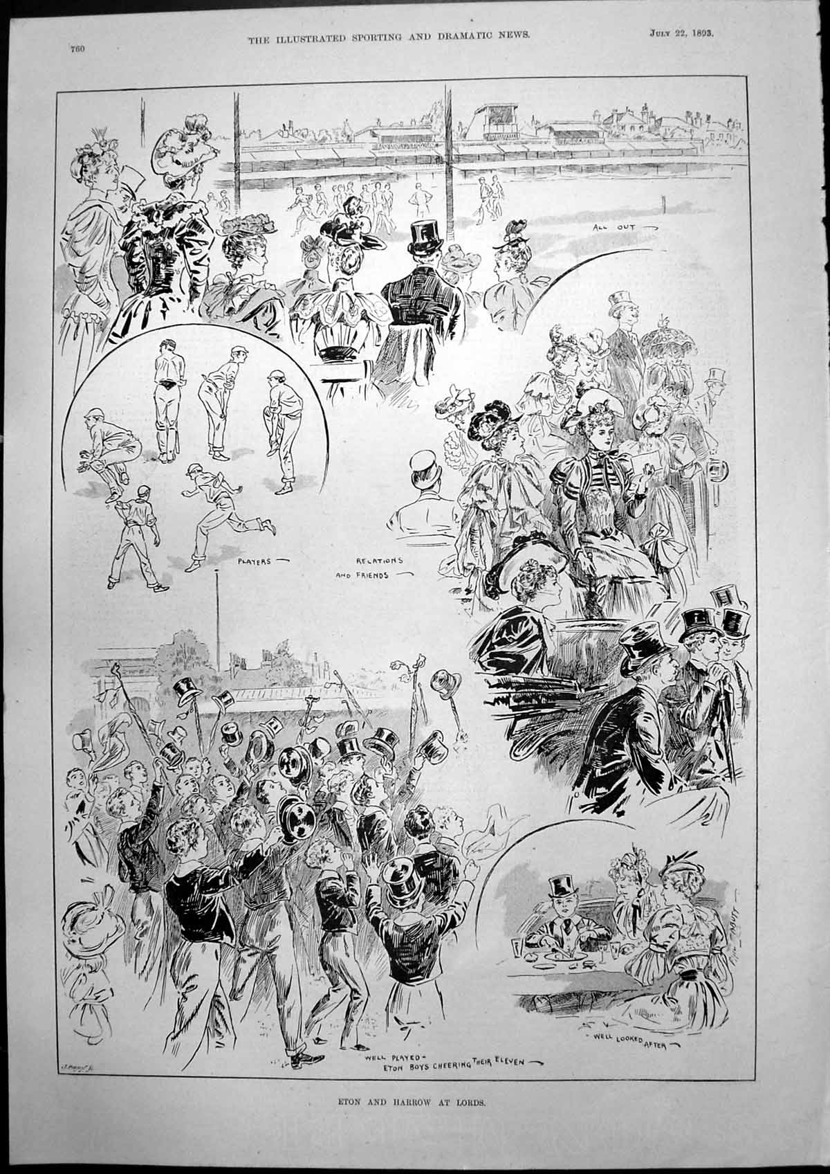 Old Print Eton Harrow Cricket Lords Players Boys Cheering Lunch Time 1893 19th