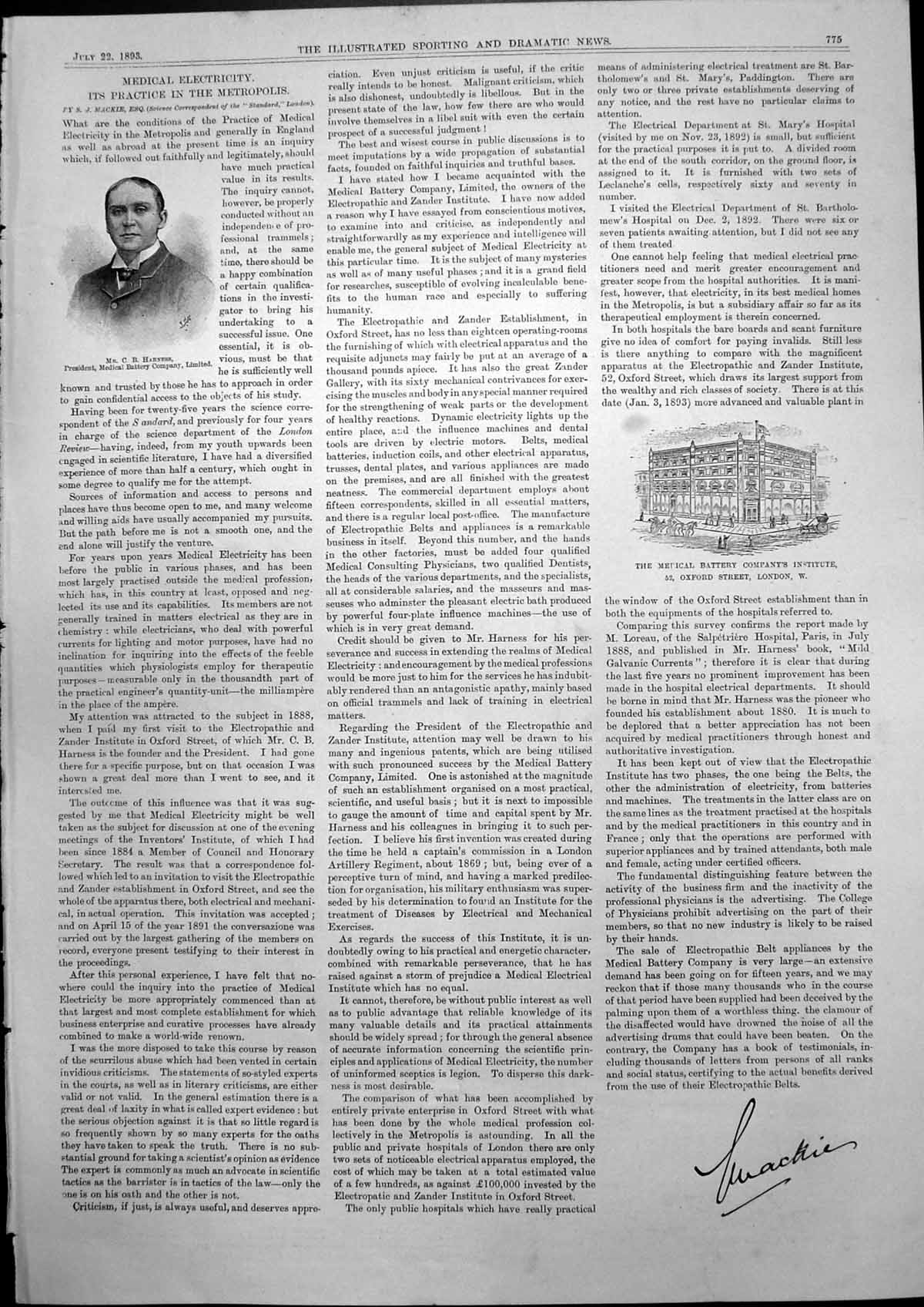 Antique Print Cb Harness President Medical Battery Companys Institute 1893 19th