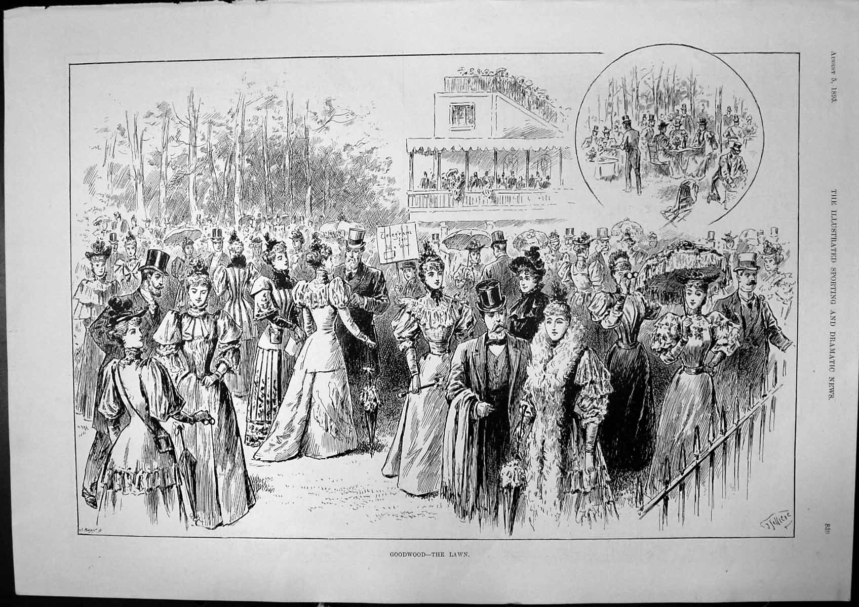 Antique Old Print Goodwood Lawn Well Dressed Spectators Top Hats Gowns 1893